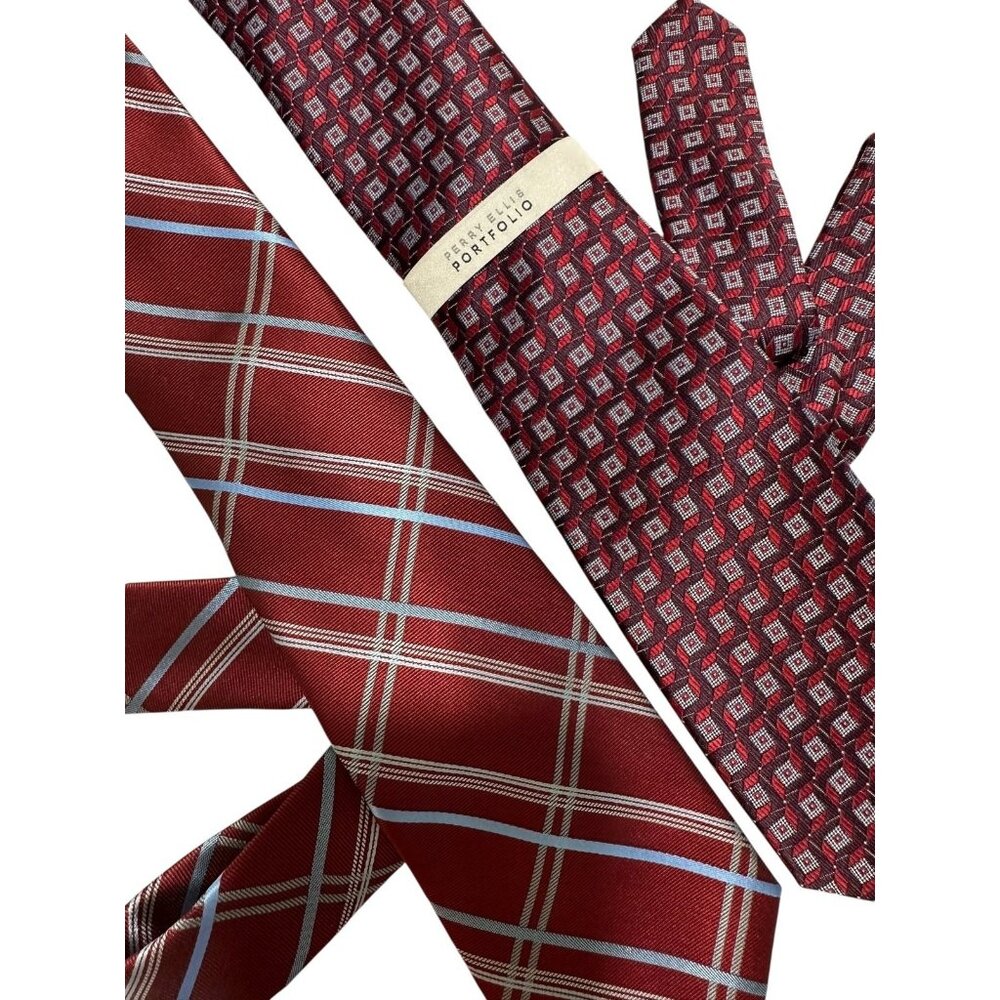 Perry Ellis Portfolio‎ Mens Tie Bundle Set of 2 Red Burgundy Plaid Geometric NWT